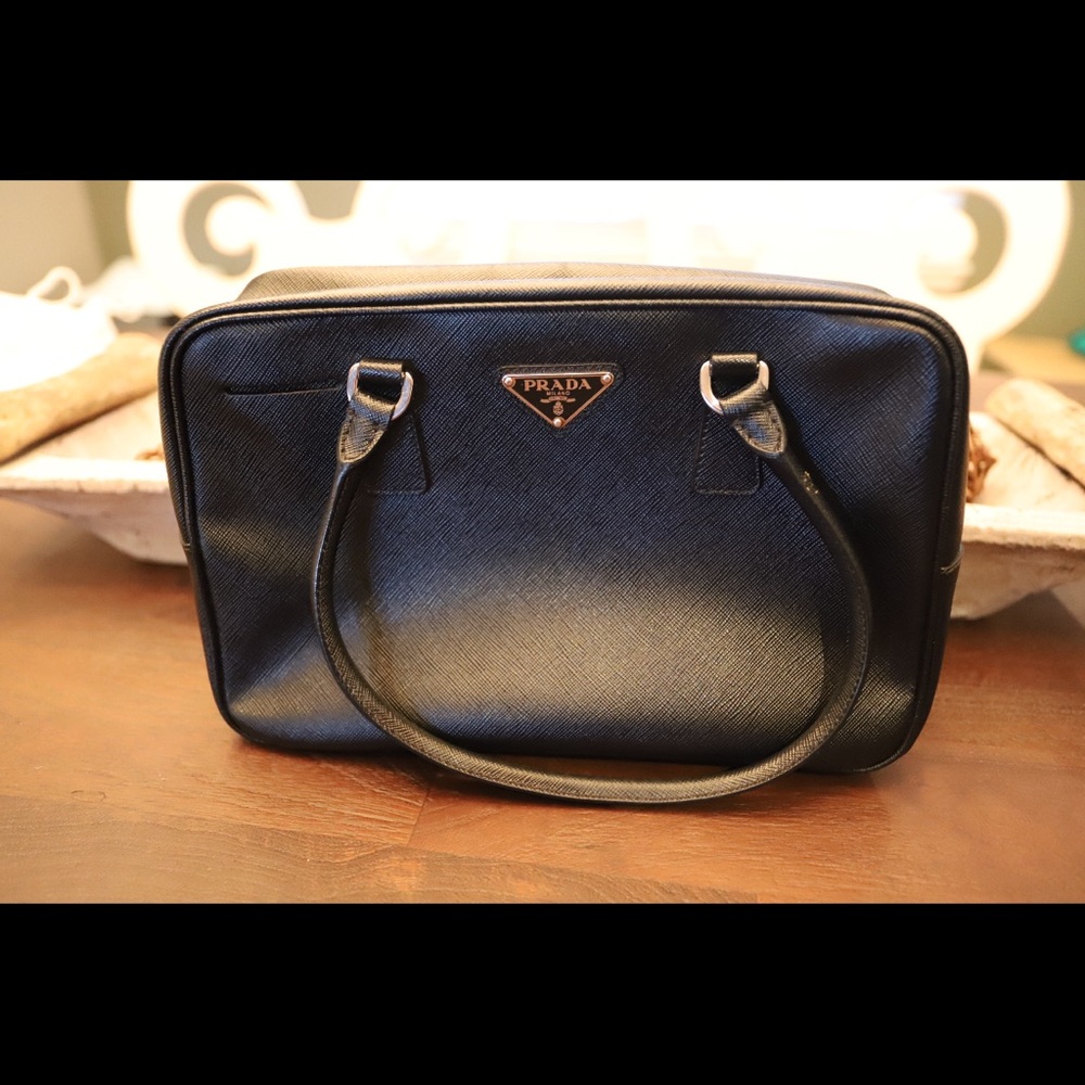Prada Black Shoulder Bag with Structured Leather and Silver Hardware